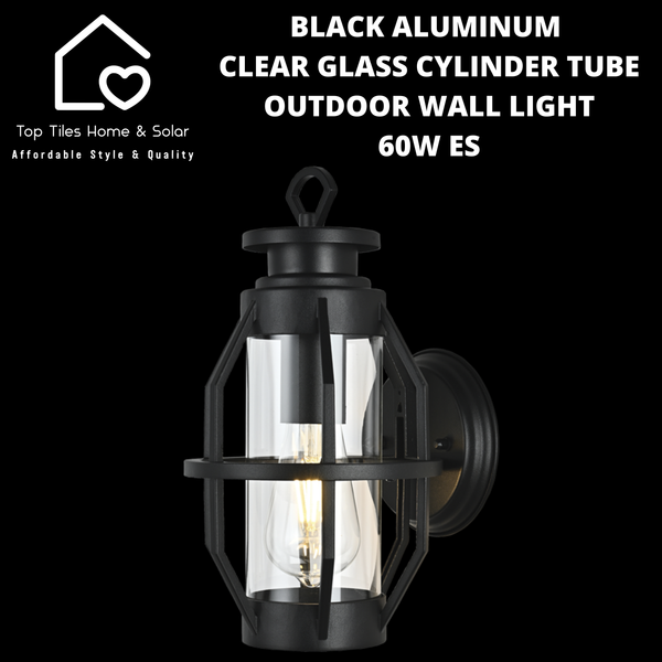 Black Aluminum & Clear Glass Cylinder Tube Outdoor Wall Light - 60W ES