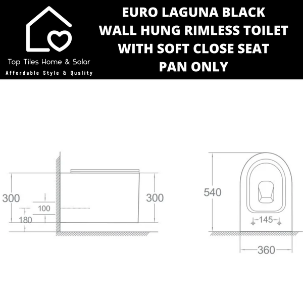 Euro Laguna Black Wall Hung Rimless Toilet with Soft Close Seat  - Pan Only