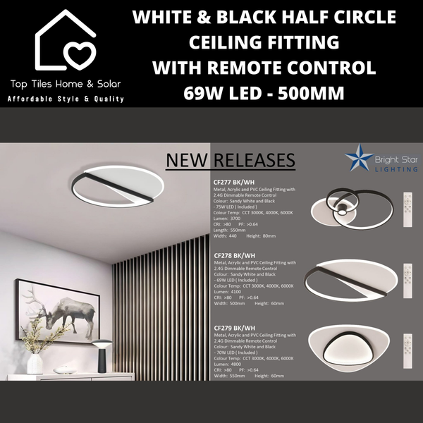 White & Black Half Circle Ceiling Fitting with Remote Control - 69W LED - 500mm