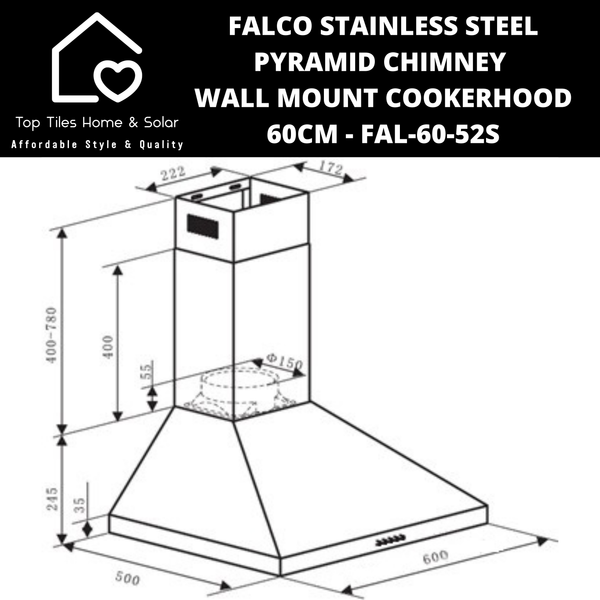 Falco Stainless Steel Pyramid Chimney Wall Mount Cookerhood - 60cm FAL-60-52S