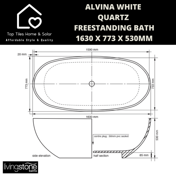 Alvina White Quartz Freestanding Bath - 1630 x 773 x 530mm