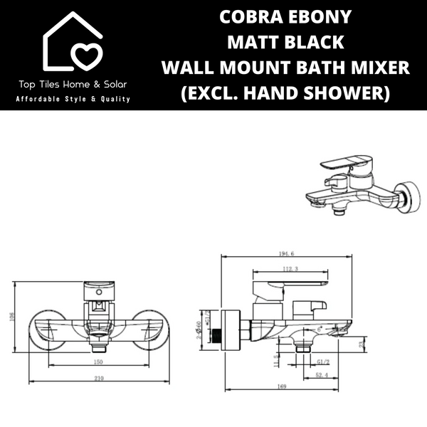 Cobra Ebony Matt Black Wall Mount Bath Mixer (Excl. Hand Shower)
