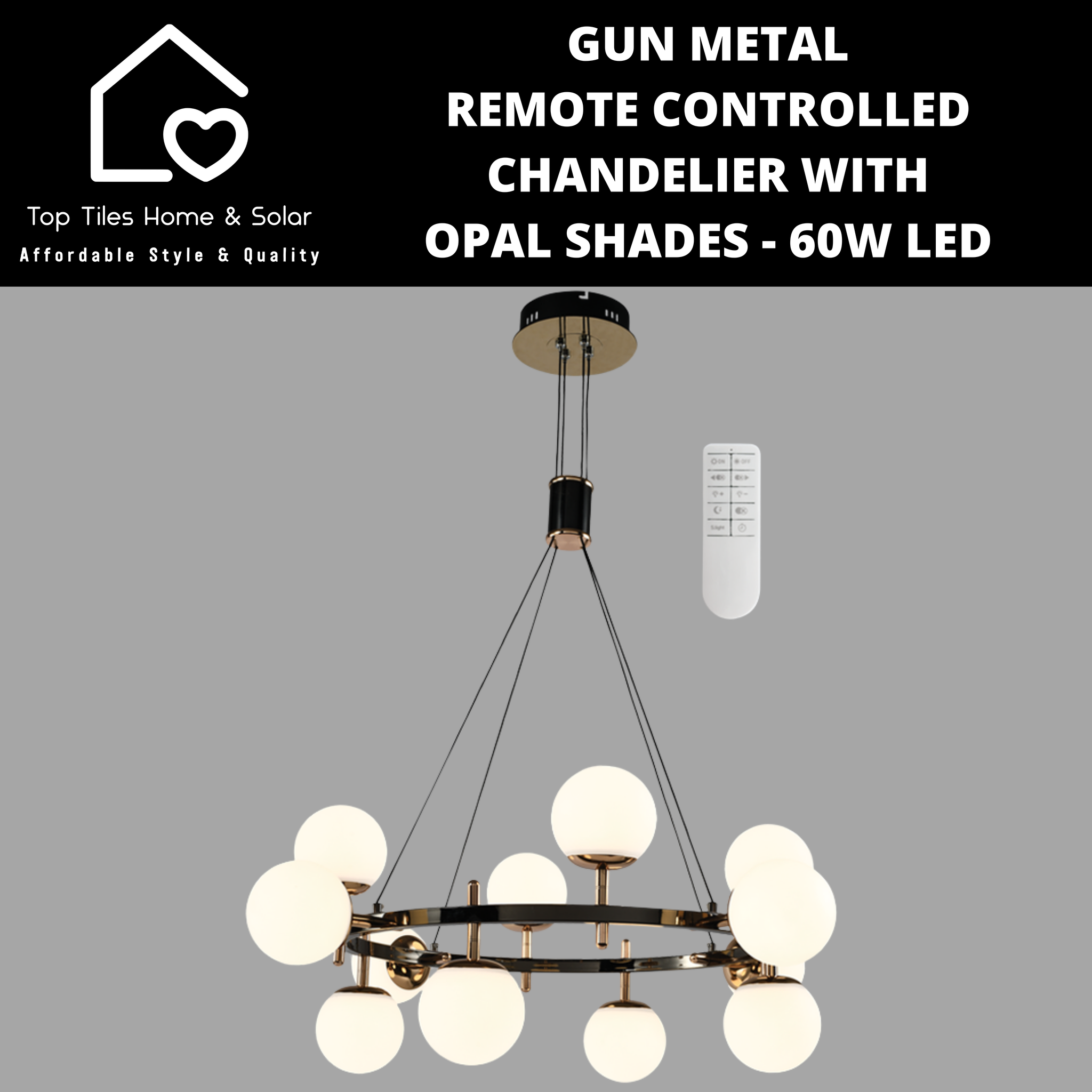 Gun Metal Remote Controlled Chandelier with Opal Shades - 60W LED