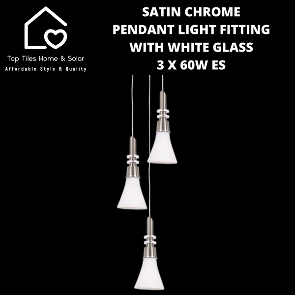 Satin Chrome Pendant Light Fitting with White Glass - 3 x 60W ES