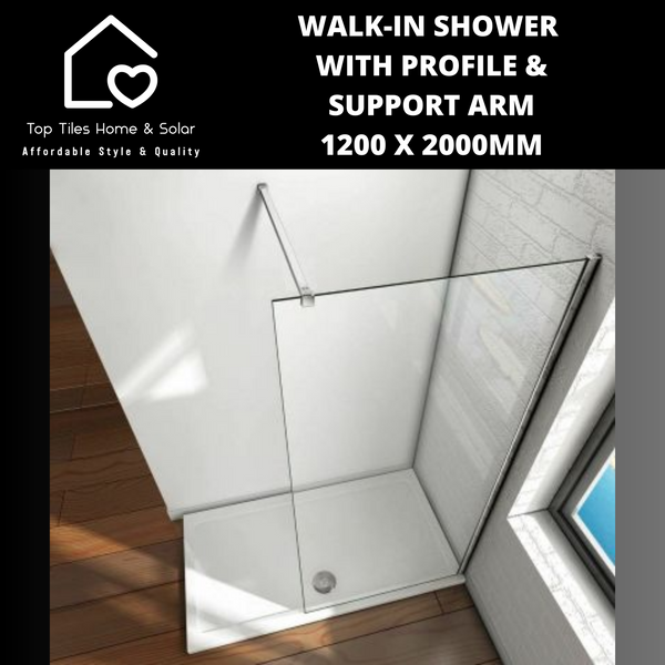 Chrome Walk-in Shower with Support Arm - 1200 x 2000mm