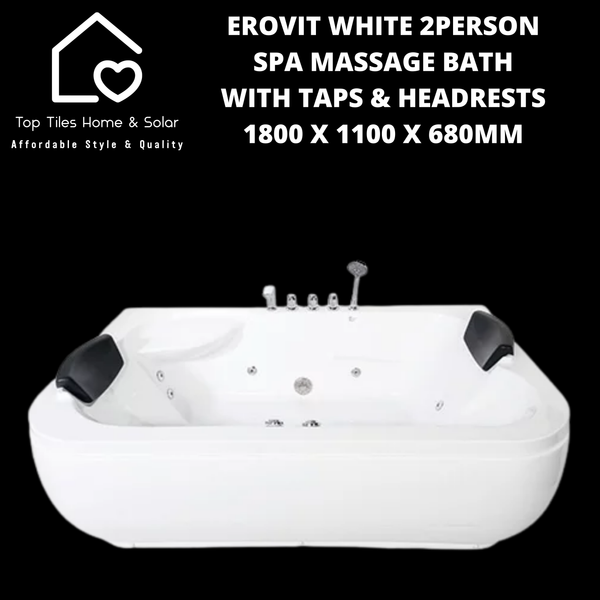 Erovit White Spa 2Person Massage Bath with Taps & Headrests - 1800 x 1100 x 680mm