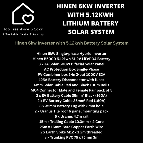Hinen 5KVA Solar System - 6kw Inverter + 5.12kwh lithium Battery + Installation Kit