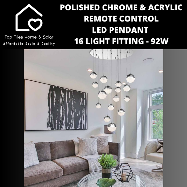 Polished Chrome & Acrylic Remote Control LED Pendant 16 Light Fitting - 92W