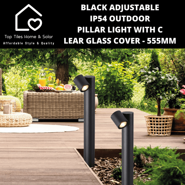 Black Adjustable IP54 Outdoor Pillar Light with Clear Glass Cover - 555mm