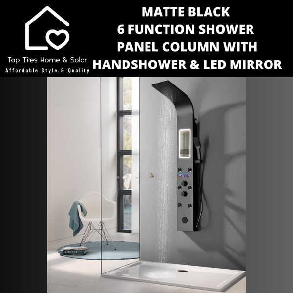 Matte Black 6 Function Shower Panel Column with Handshower & LED Mirror