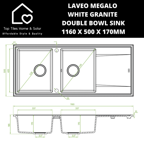 Laveo Megalo White Granite Double Bowl Sink - 1160 x 500 x 170mm