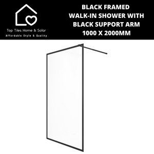 Black Framed Walk-in Shower with Black Support Arm - 1000 x 2000mm