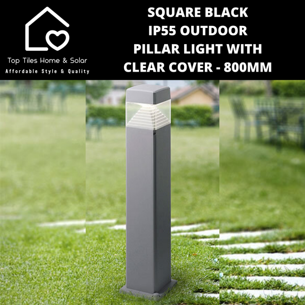 Square Grey IP55 Outdoor Pillar Light with Clear Cover - 800mm