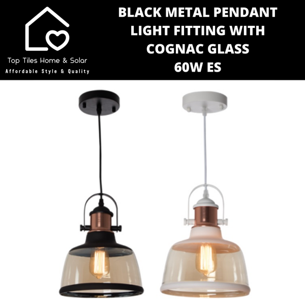 Black Metal Pendant Light Fitting with Cognac Glass - 60W ES