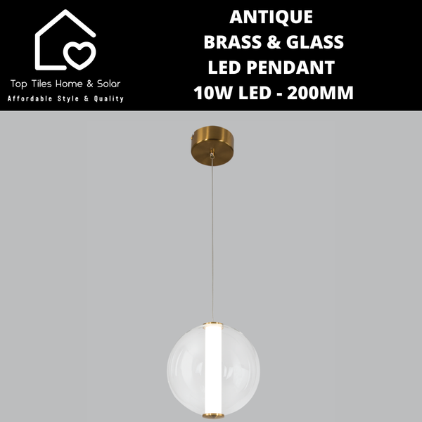 Antique Brass & Glass LED Pendant - 10W LED - 200mm