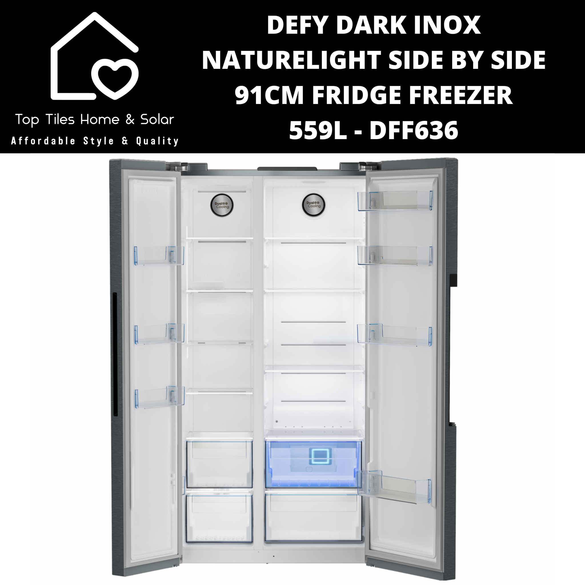 Defy Dark Inox NatureLight Side by Side 91cm Fridge Freezer - 559L Defy Dark Inox NatureLight Side by Side 91cm Fridge Freezer - 559L