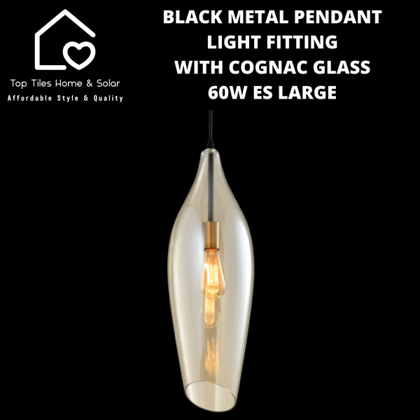 Black Metal Pendant Light Fitting with Cognac Glass - 60W ES LARGE