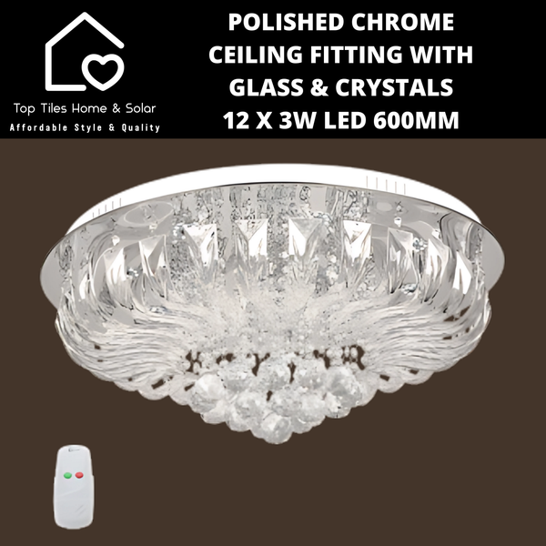 Polished Chrome Ceiling Fitting with Glass & Crystals - 12 x 3W LED 600mm