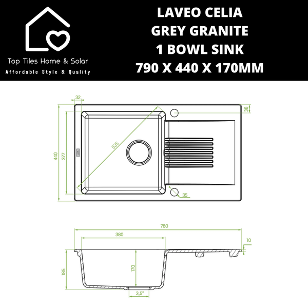 Laveo Celia Grey Granite 1 Bowl Sink - 790 x 440 x 170mm