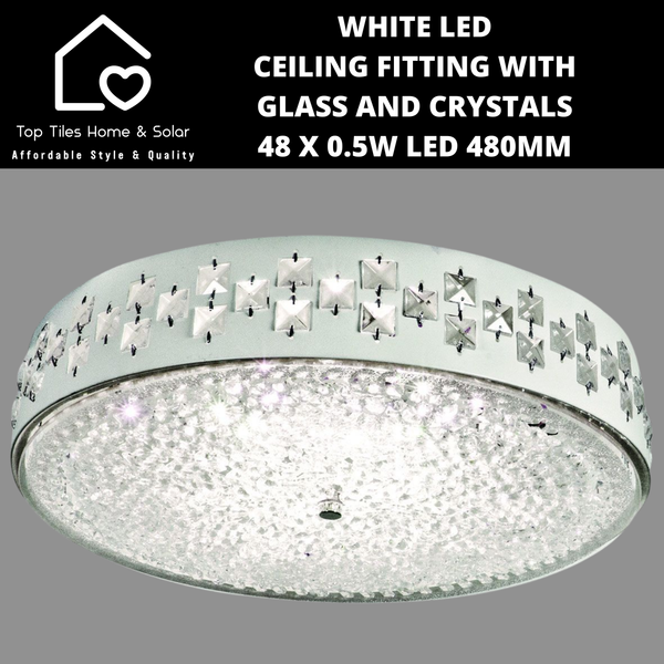 White LED Ceiling Fitting with Glass and Crystals - 48 x 0.5W LED 480mm