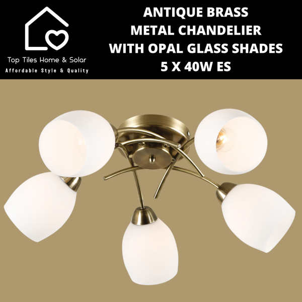 Antique Brass Metal Chandelier with Opal Glass Shades - 5 x 40W ES