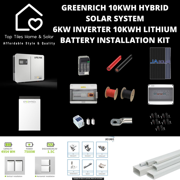 Greenrich 10kWh Hybrid Solar System - 6kw Inverter + 10kwh Lithium Battery + Installation Kit