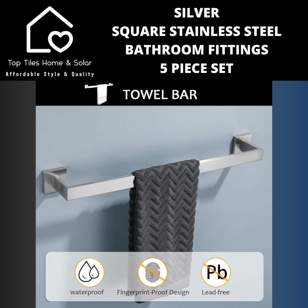 Silver Square Stainless Steel Bathroom Fittings - 5 Piece Set