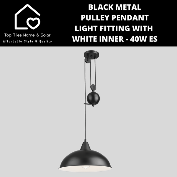 Black Metal Pulley Pendant Light Fitting with White Inner - 40W ES