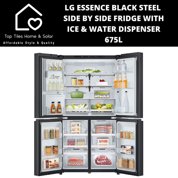 LG Essence Black Steel Side by Side Fridge with Ice & Water Dispenser - 675L