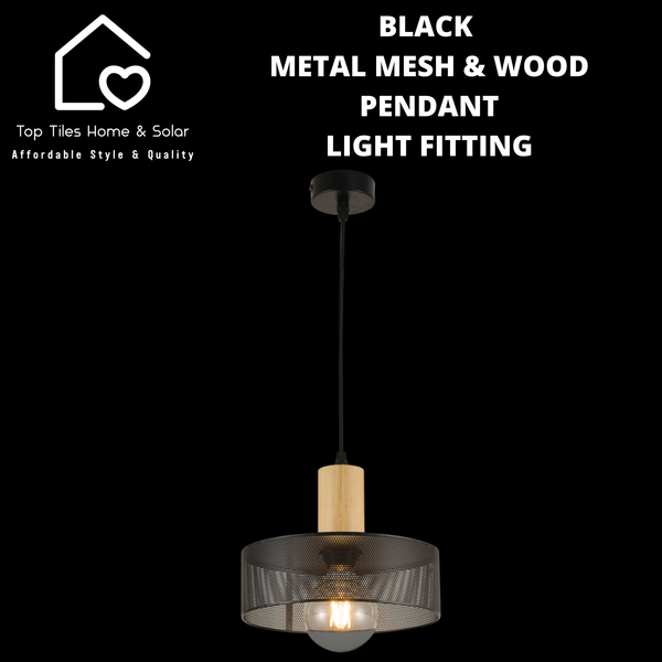 Black Metal Mesh & Wood Pendant Light Fitting