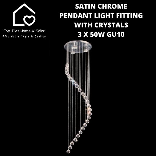 Satin Chrome Pendant Light Fitting with Crystals - 3 x 50W GU10