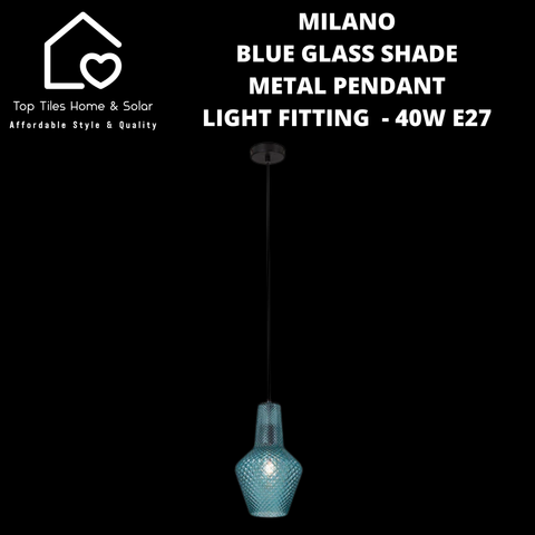 Milano Blue Glass Shade Metal Pendant Light Fitting  - 40W E27 Small