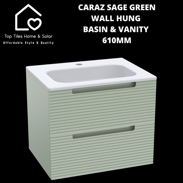 Caraz Sage Green Wall Hung Basin & 2 Drawer Vanity - 610mm