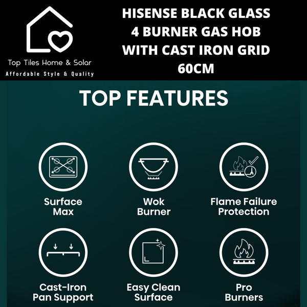 Hisense Black Glass 4 Burner Gas Hob with Cast Iron Grid - 60cm