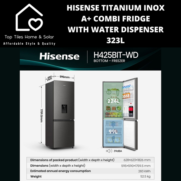 Hisense Titanium Inox A+ Combi Fridge with Water Dispenser - 323L
