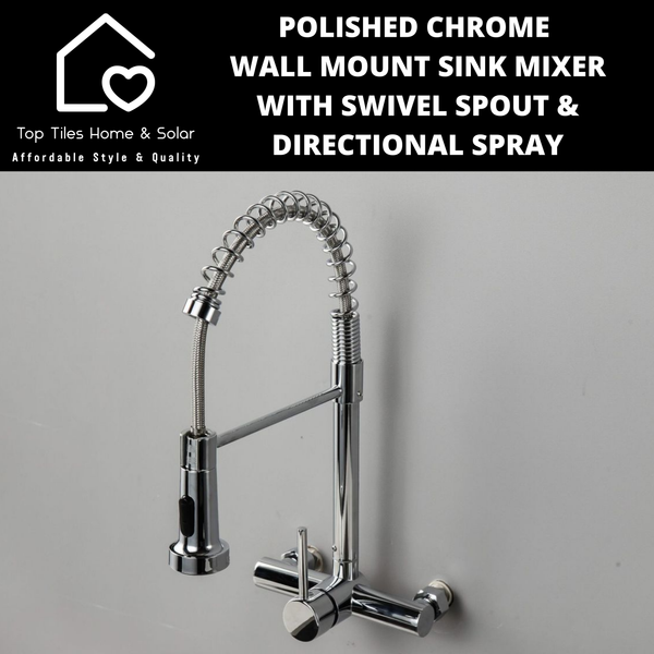 Polished Chrome Wall Mount Sink Mixer with Swivel Spout & Directional Spray