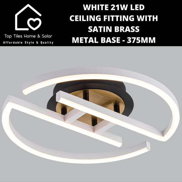 White 21W LED Ceiling Fitting with Satin Brass Metal Base - 375mm