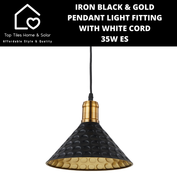 Iron Black & Gold Pendant Light Fitting with White Cord - 35W ES