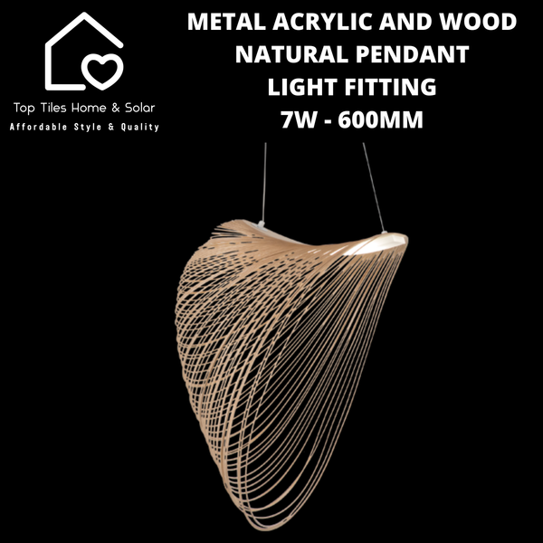 Metal Acrylic and Wood Natural Pendant Light Fitting - 7W - 600mm