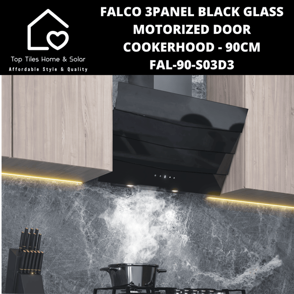 Falco 3Panel Black Glass Motorized Door Cookerhood - 90cm FAL-90-S03D3