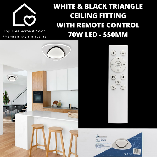 White & Black Triangle Ceiling Fitting with Remote Control - 70W LED - 550mm
