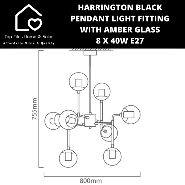 Harrington Black Pendant Light Fitting with Amber Glass - 8 x 40W E27
