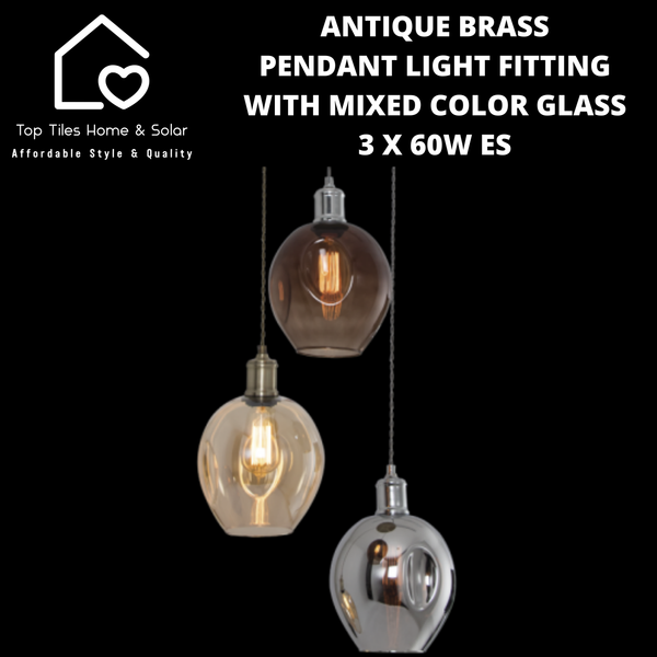 Antique Brass Pendant Light Fitting with Mixed Color Glass - 3 x 60W ES