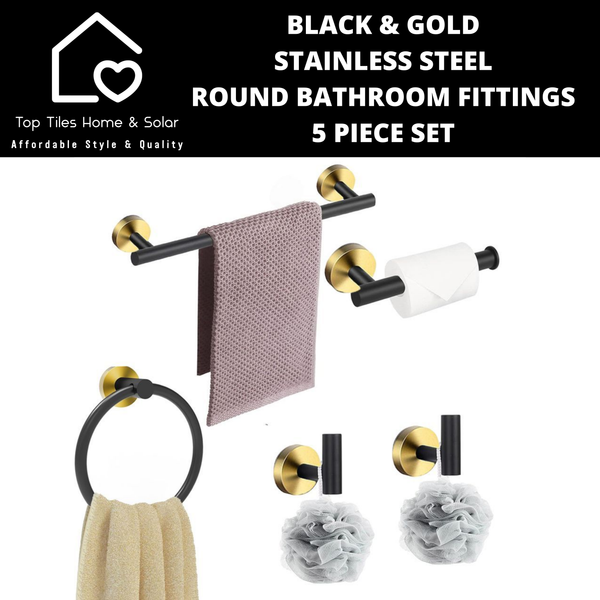 Black & Gold Stainless Steel Round Bathroom Fittings - 5 Piece Set