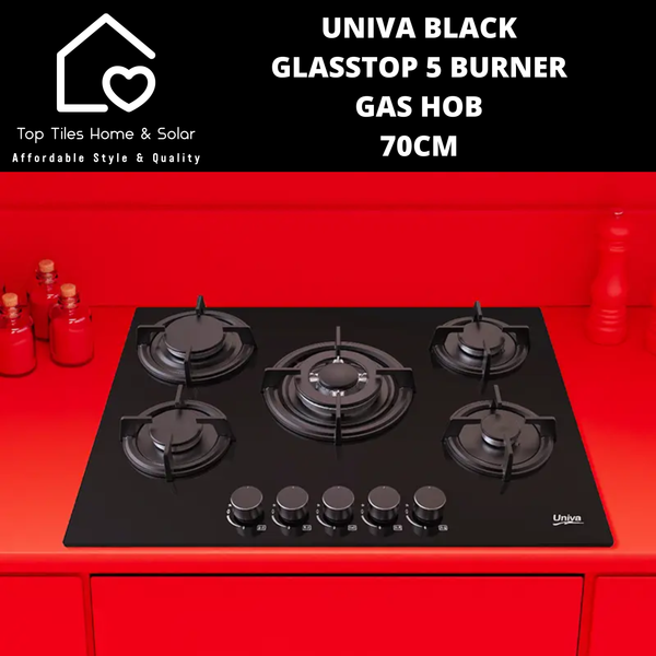 Univa Black Glasstop 5 Burner Gas Hob - 70cm