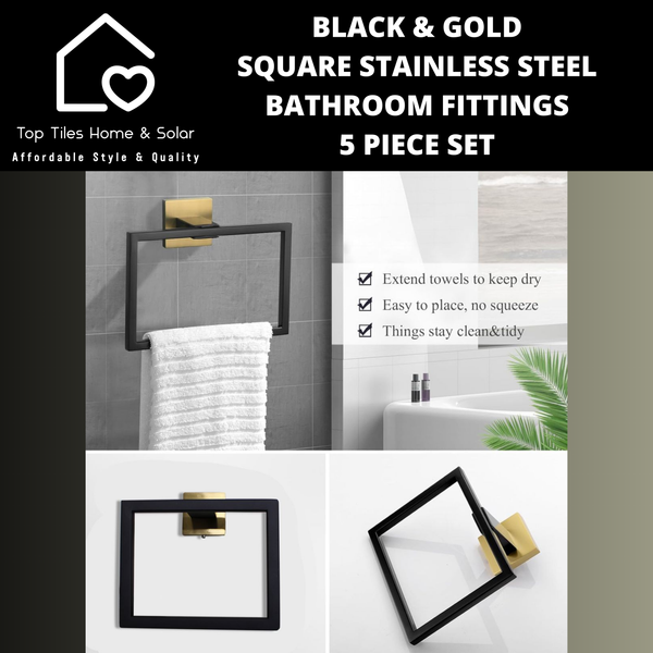 Black & Gold Square Stainless Steel Bathroom Fittings - 5 Piece Set