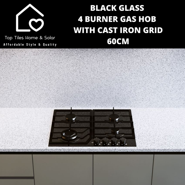 Black Glass 4 Burner Gas Hob with Cast Iron Grid - 60cm