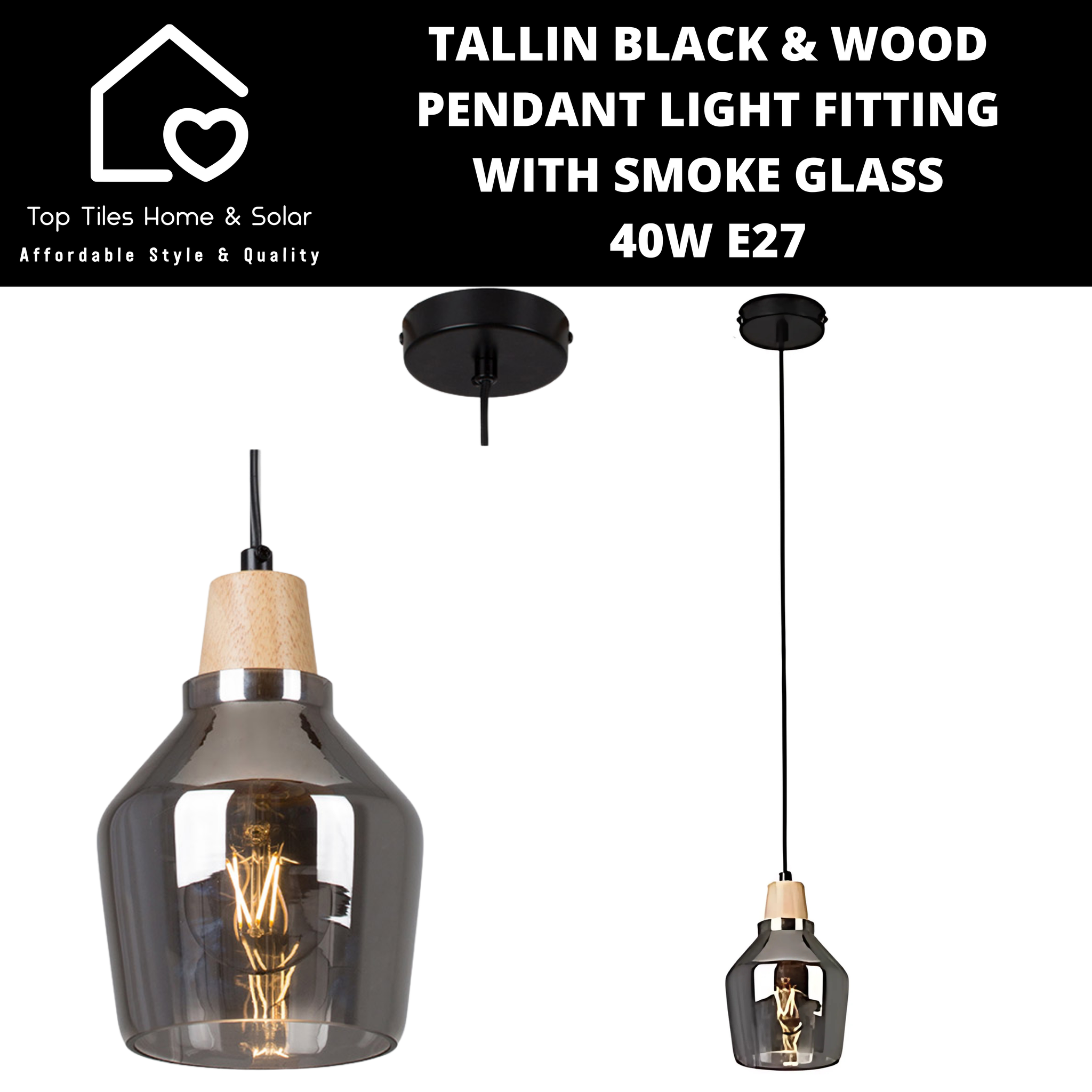 Tallin Black Wood Pendant Light Fitting with Smoke Glass - 40W E27