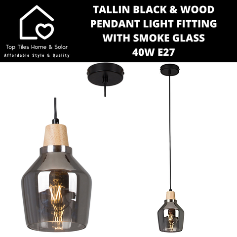 Tallin Black Wood Pendant Light Fitting with Smoke Glass - 40W E27