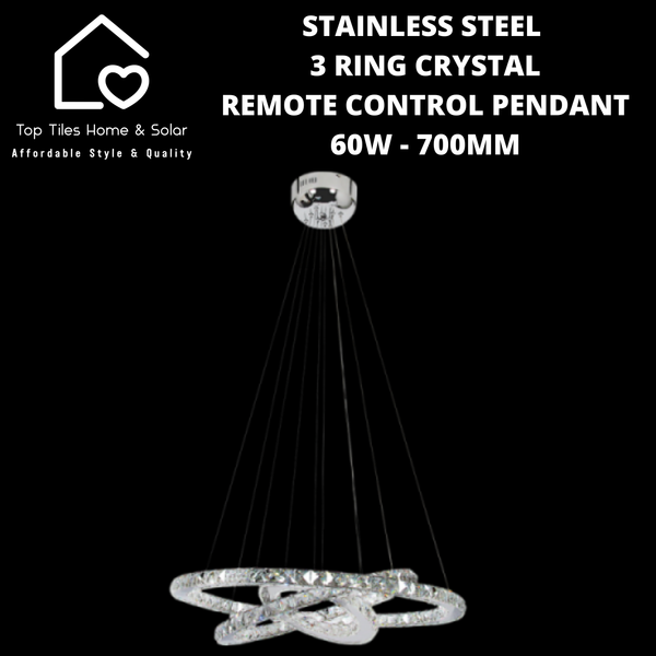 Stainless Steel 3 Ring Crystal Remote Control Pendant  - 60W - 700mm